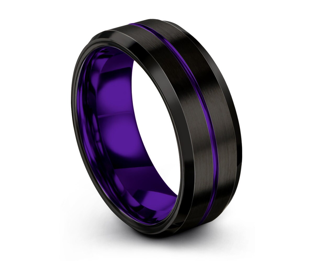 Unisex Purple Wedding Band, Black Tungsten Ring 4mm