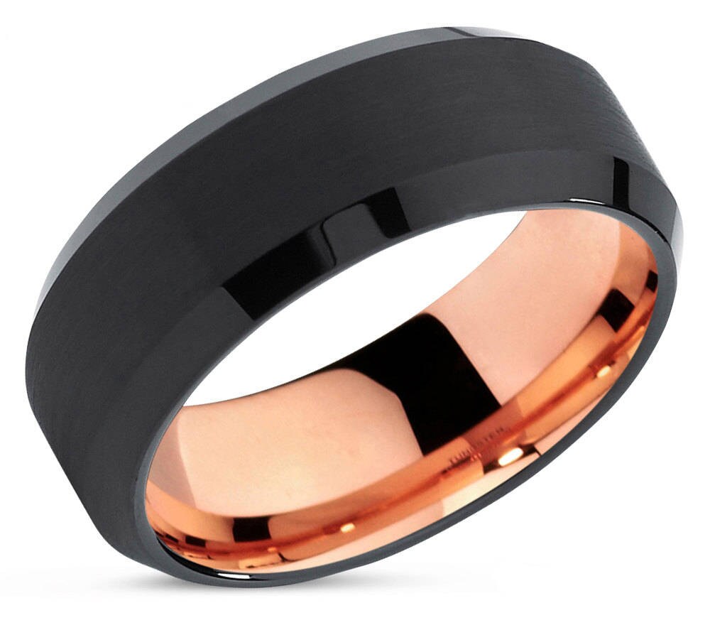 Black Tungsten Ring Rose Gold Wedding Band Ring Tungsten