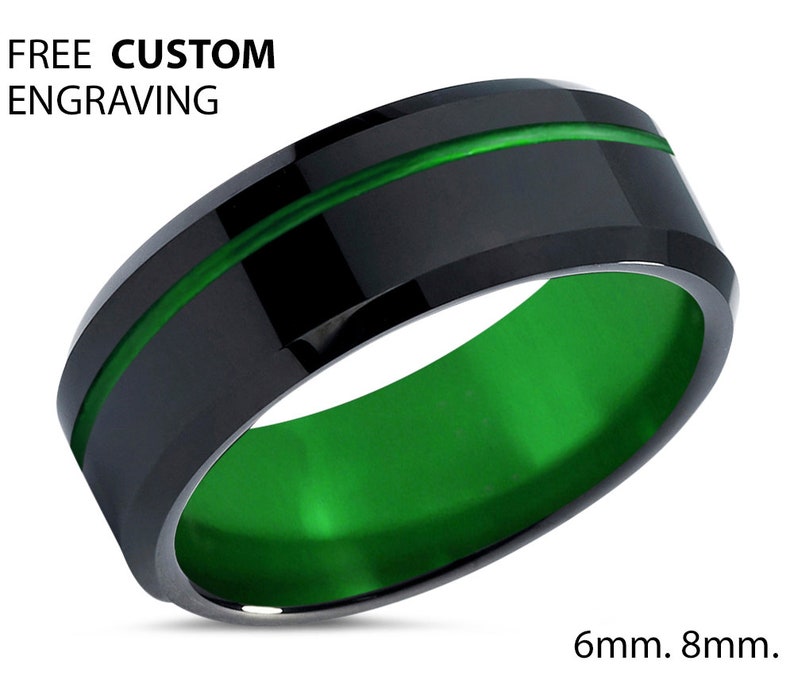 Free Personalized Custom Engraving Wedding Band Unique Promise Ring Unisex Fashion Accessory Black and Green Mens Ring