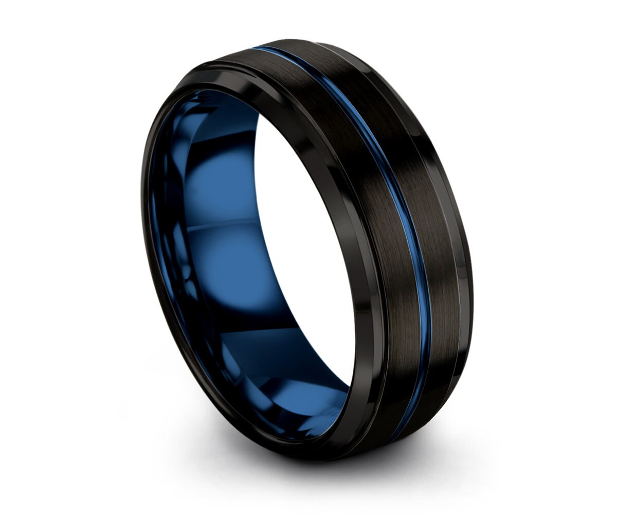 Mens Wedding Band Blue, Black Wedding Ring, Tungsten Ring