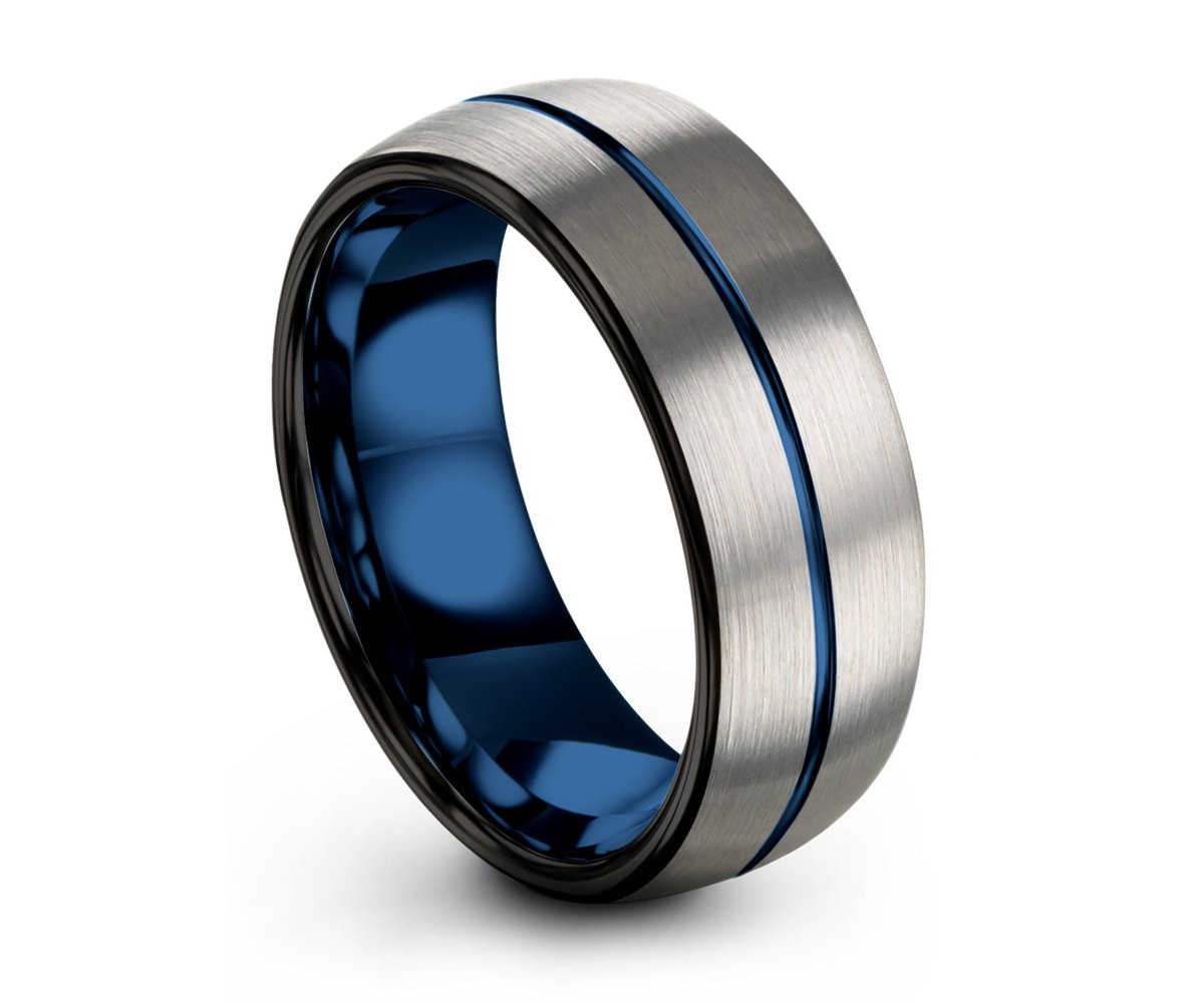 Mens Wedding Band Black Tungsten Ring with Blue Line Mens Wedding Ring 8mm Tungsten Ring Two Tone Wedding Band Personalized Wedding Band