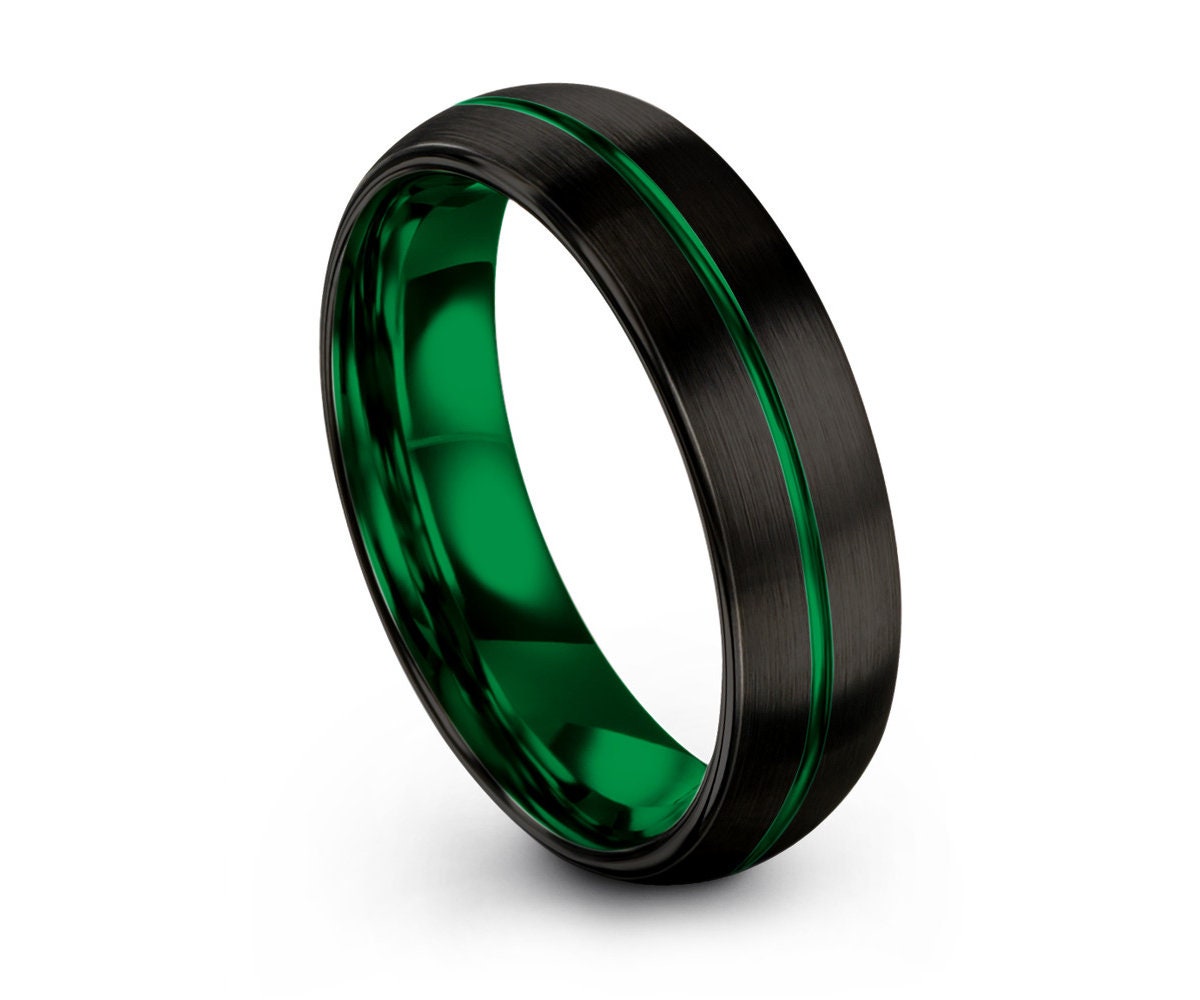 Black Green Tungsten Ring, Wedding Band, Mens Wedding Band