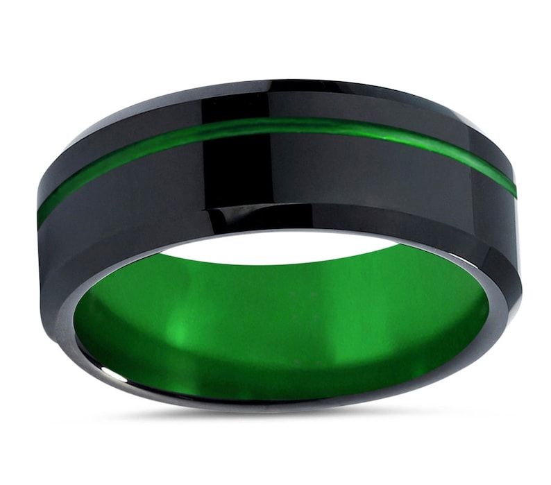 Free Personalized Custom Engraving Wedding Band Unique Promise Ring Unisex Fashion Accessory Black and Green Mens Ring