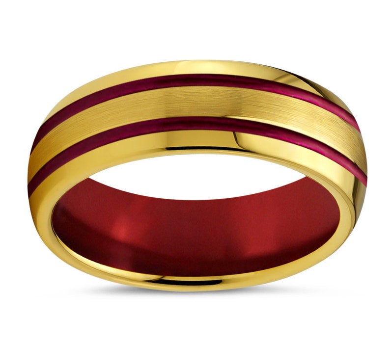 18k Yellow Gold Promise Ring Mens Wedding Band Gold Unisex Red Tungsten Ring Gift for Mothers Day Fathers Brothers Sisters Him /& Her
