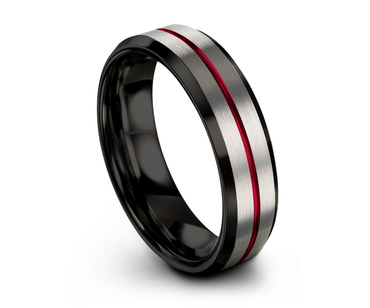 Mens Black Wedding Band, Tungsten Ring Red Line Brushed