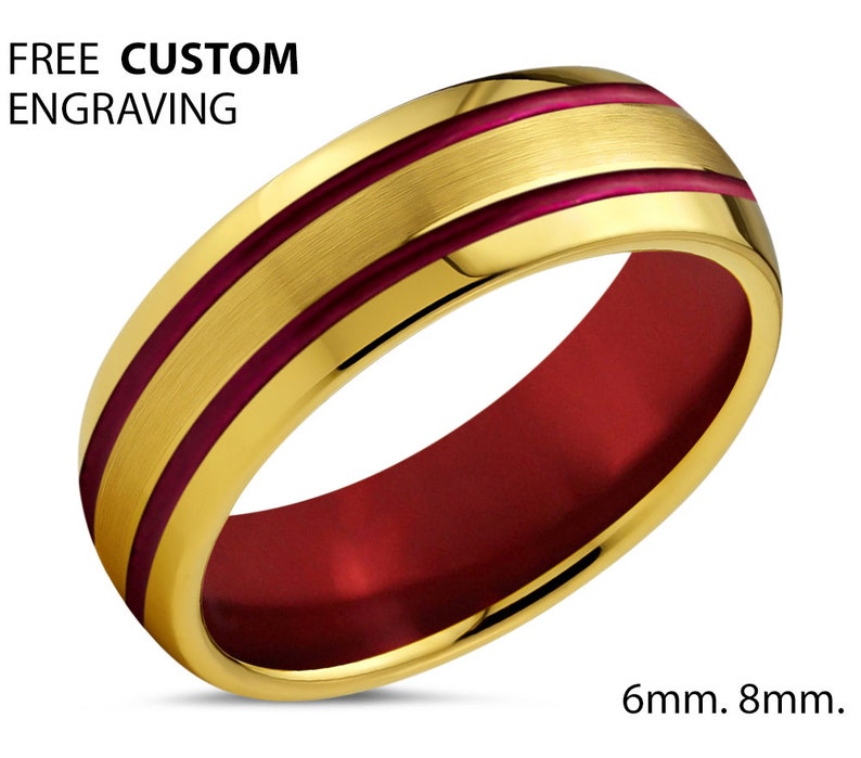 18k Yellow Gold Promise Ring Mens Wedding Band Gold Unisex Red Tungsten Ring Gift for Mothers Day Fathers Brothers Sisters Him /& Her