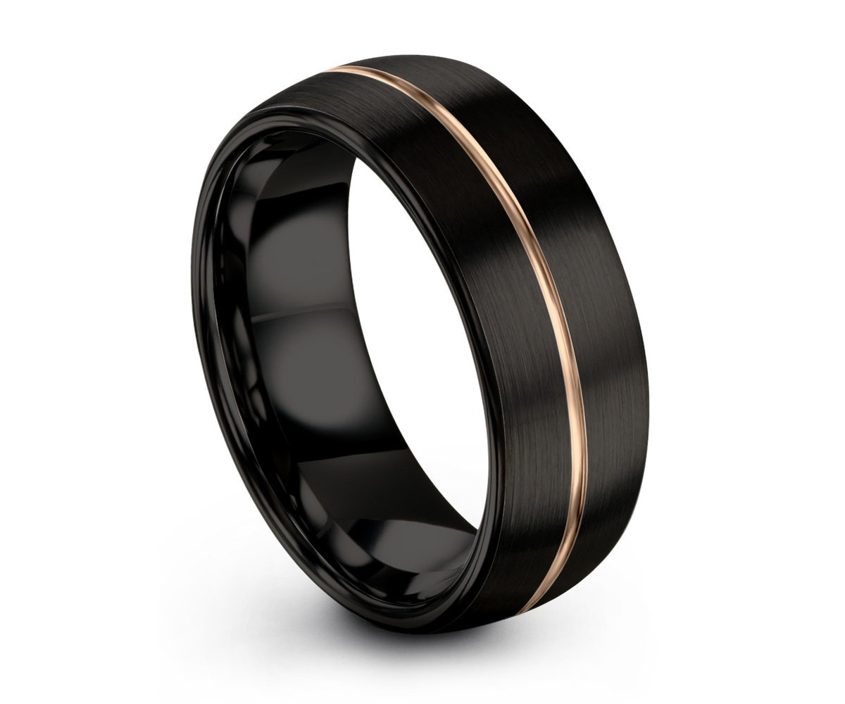 Mens Wedding Band Black, Rose Gold Wedding Ring, Tungsten