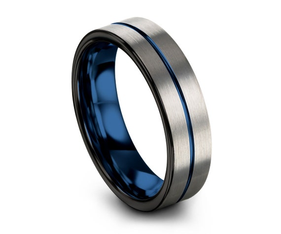 Titanium with Blue Triple Groove 8mm Polished Band.