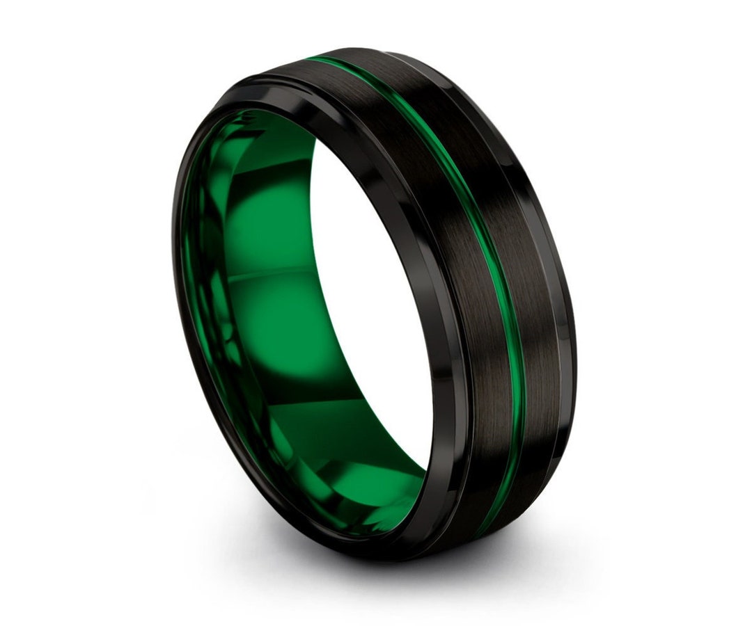 Mens Wedding Band Black Green Wedding Ring Tungsten Ring Etsy