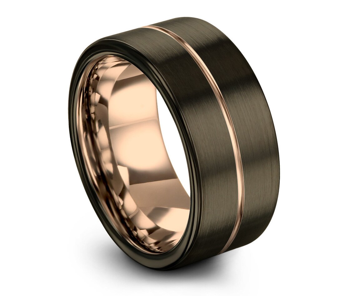 GUNMETAL Tungsten Ring Mens Wedding Band Rose Gold 18K 12mm | Etsy