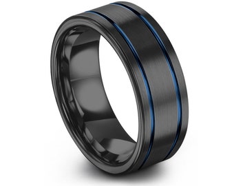 Gunmetal tungsten wedding band with double blue lines | hypoallergenic personalized promise ring for men & women mom gifts for christmas