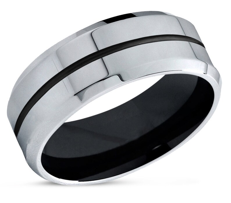 Rings for Women Engagement Ring Black Tungsten Wedding Ring 8mm Mens Wedding Band Silver Promise Ring Rings for Men