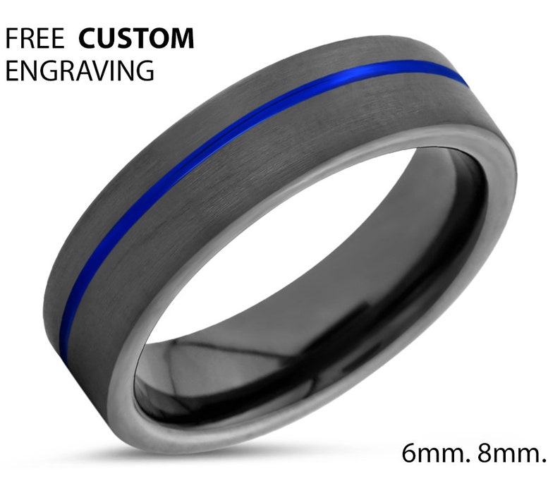 Blue Line Tungsten Carbide Ring 6mm Gunmetal Black Mens Wedding Band His or Her with Fast Free Shipping or 8mm available