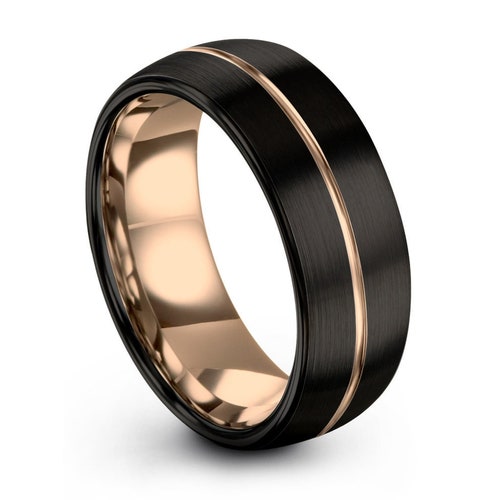 Mens Wedding Band Black Rose Gold Wedding Ring Tungsten Ring - Etsy