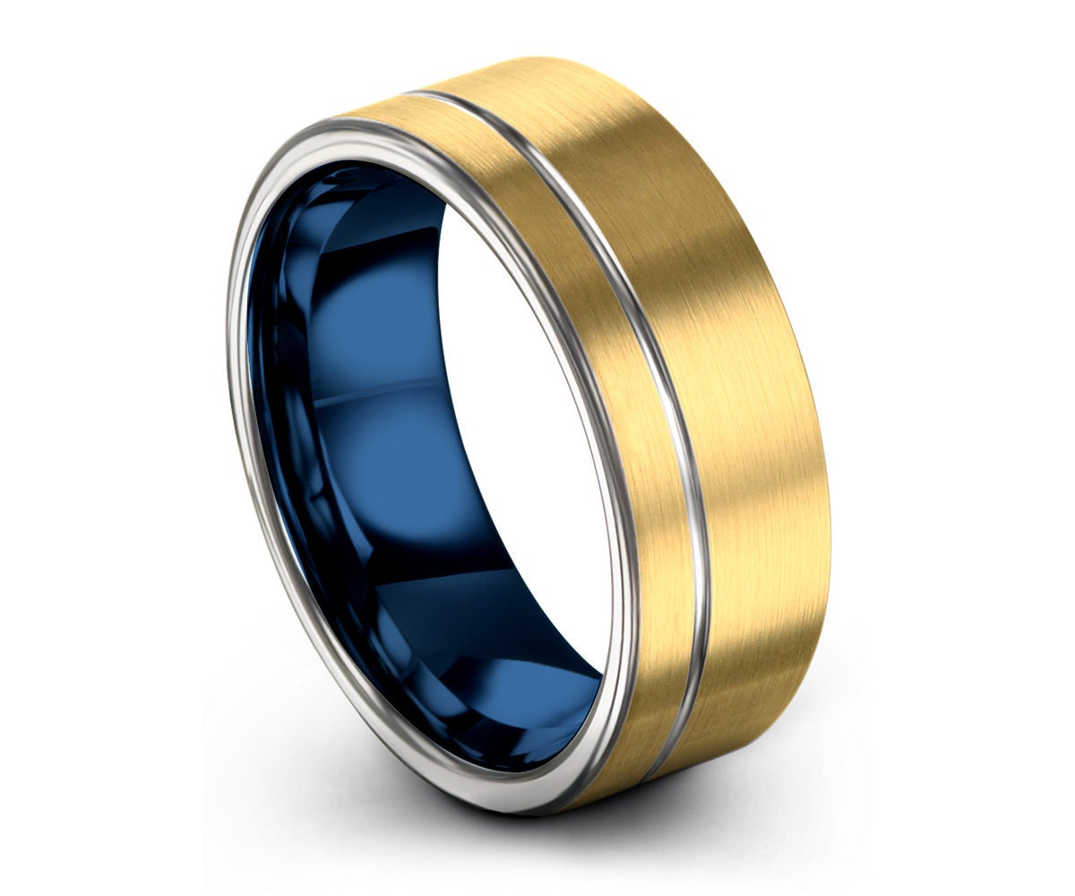 Blue Grooved Flat Edge Mens Black Tungsten Wedding Bands