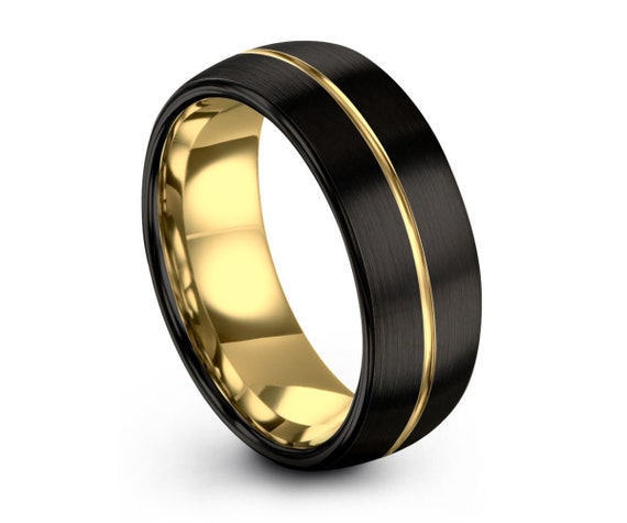Brushed gold black mens wedding band | tungsten carbide ring in yellow 4mm, 6mm, or 8mm available | 18k his or her with fast free shipping