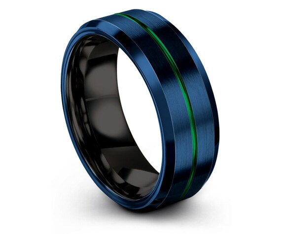 Awesome Wedding Band Black | Green Tungsten Wedding Band | Mens Blue Ring | Blue Line Engraving Ring | Commitment Ring | Customized Ring