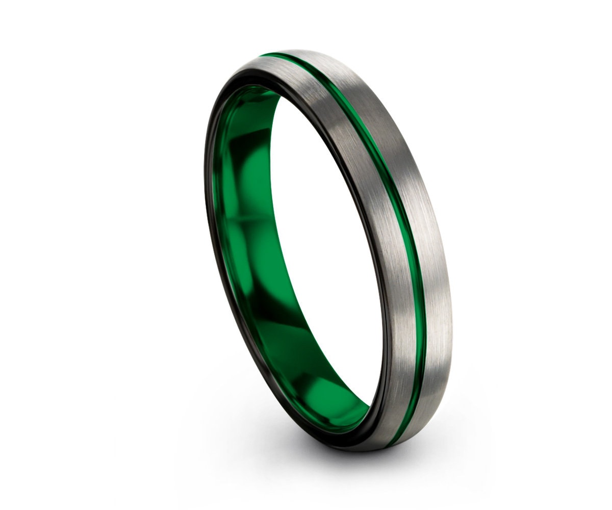 Mens Wedding Band Thin Green Line, Brushed Silver, Wedding