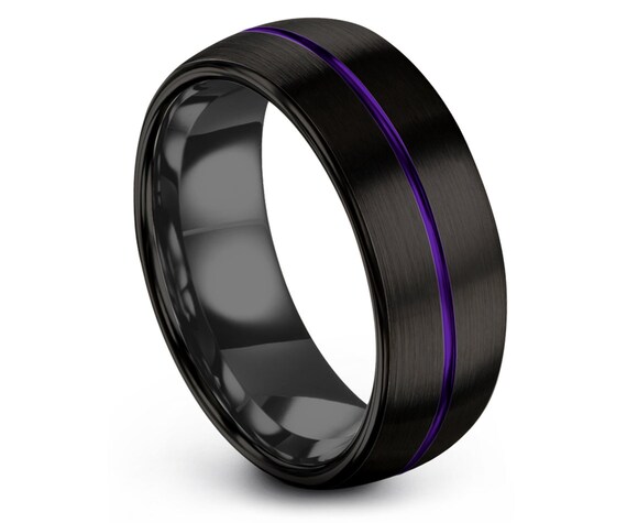 Luxury Domed Wedding Band | Matching Ring For Couple | Mens Gunmetal Ring | Purple Line Engraving | Wedding Engagement Ring | Rings for Men