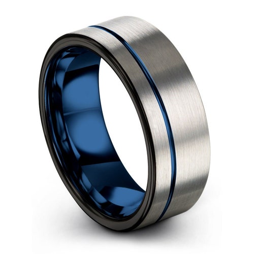8/6mm Tungsten Men's Ring Thin Blue Line-Inside Black Brushed Band ATOP Jewelry 