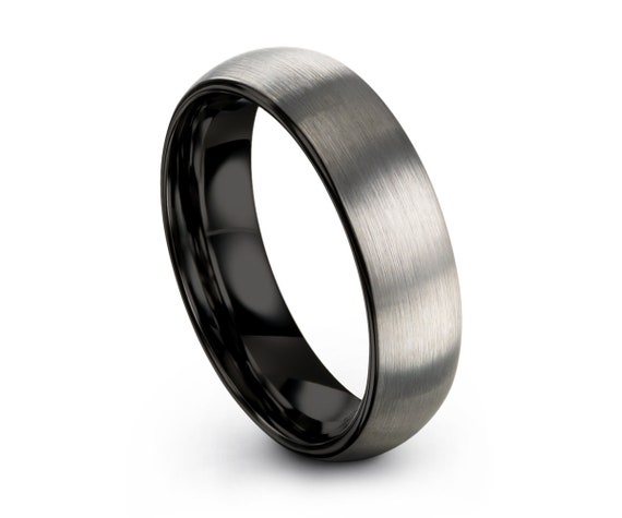 Brushed Silver Tungsten Ring Black Wedding Band Tungsten Etsy