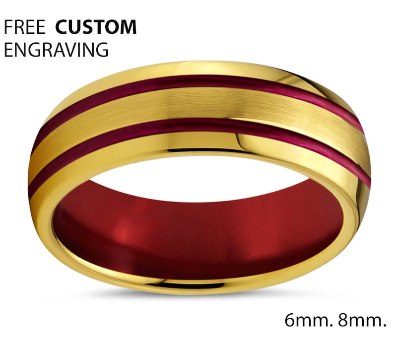 18k Yellow Gold Promise Ring Mens Wedding Band Gold Unisex Red Tungsten Ring Gift for Mothers Day Fathers Brothers Sisters Him /& Her