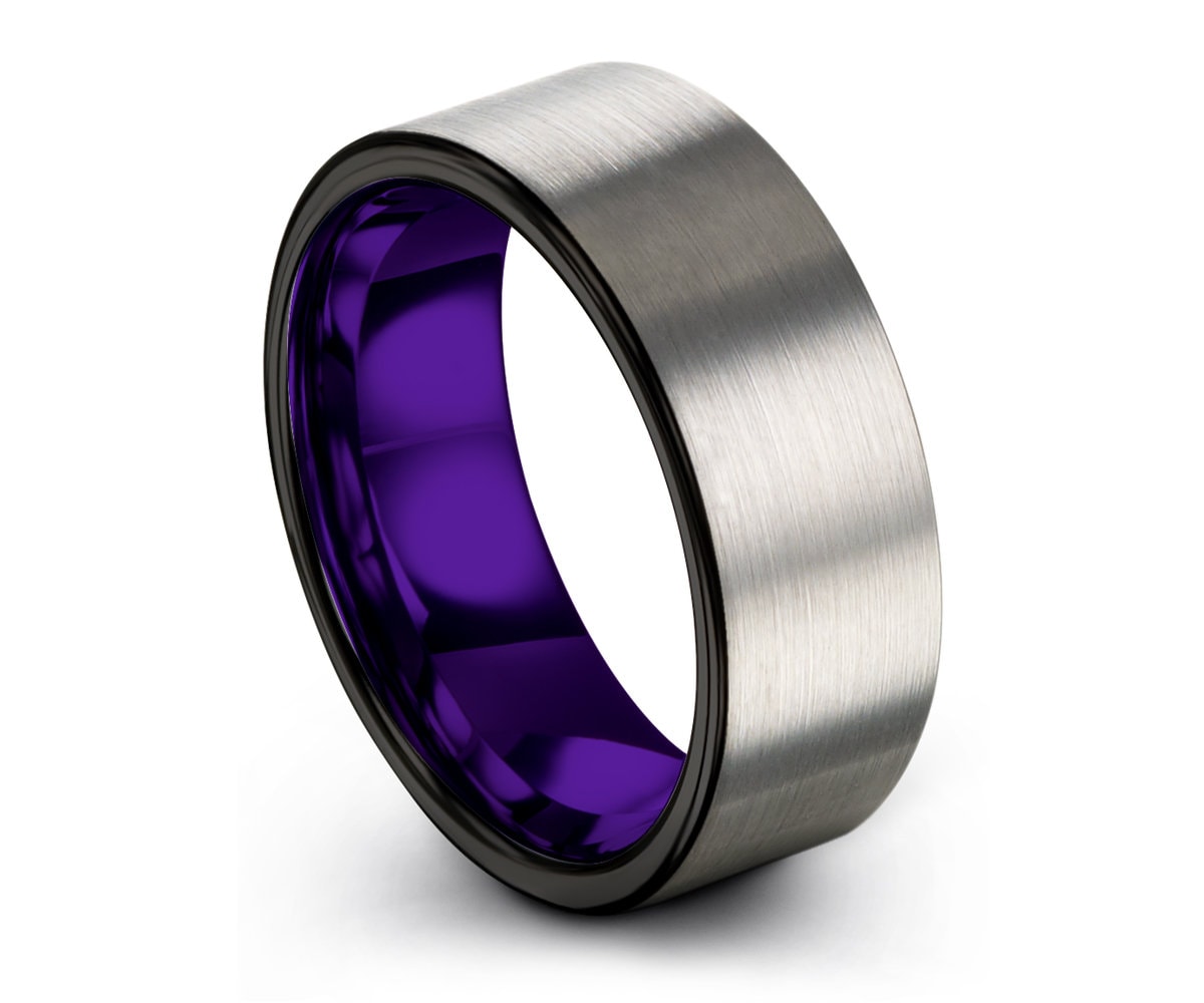 Mens Wedding Band Silver, Tungsten Ring Purple 8mm