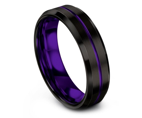 Purple and black tungsten ring beveled | his and hers wedding band set | engagement band | infinity ring | gift for her | promise ring | 6mm