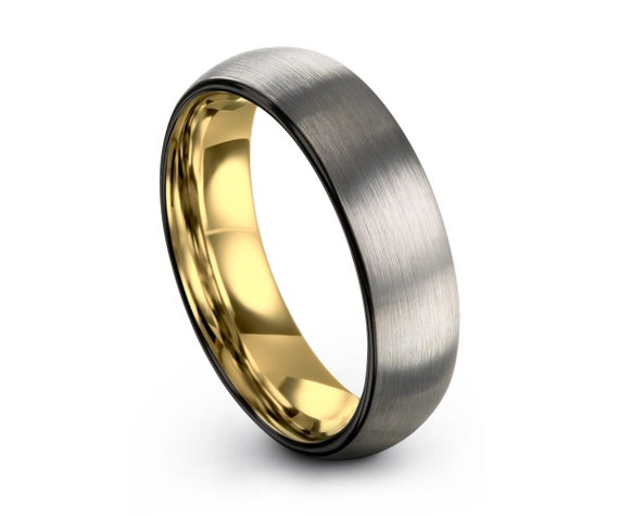 Brushed silver black tungsten ring yellow gold wedding band ring tungsten carbide 6mm 18k tungsten ring man male women anniversary matching