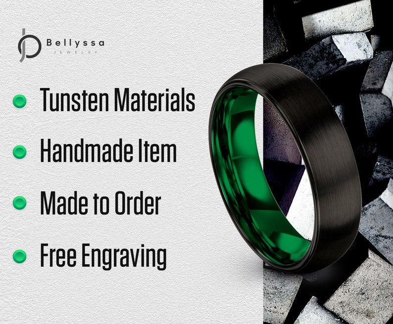 Handmade Wedding Band Black,His and Hers,Tungsten Wedding Band Green,Brushed and Polished,Tungsten Engagement Ring Set,Custom Free Shipping