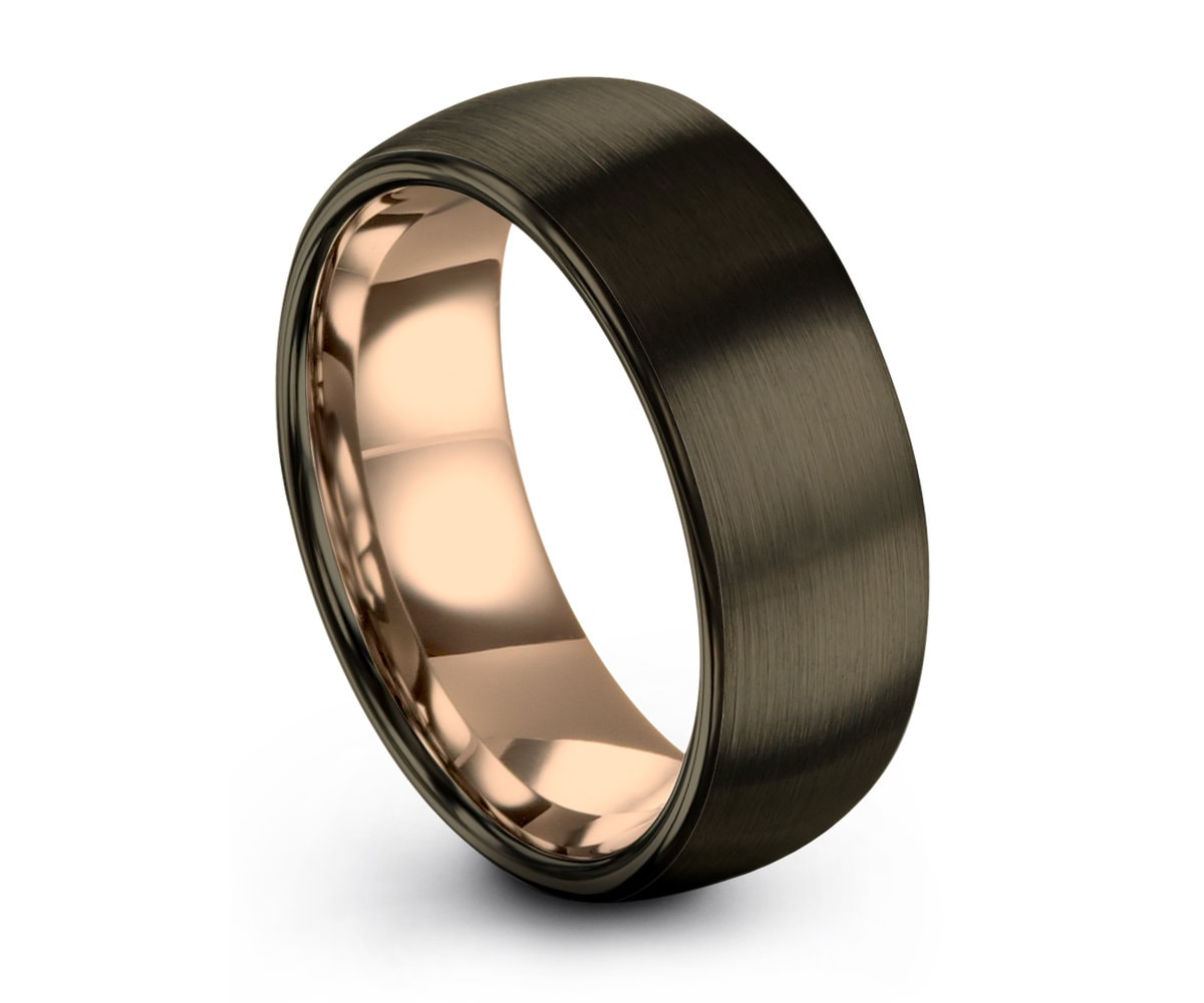 GUNMETAL Tungsten Ring, Mens Wedding Band Rose Gold 18K