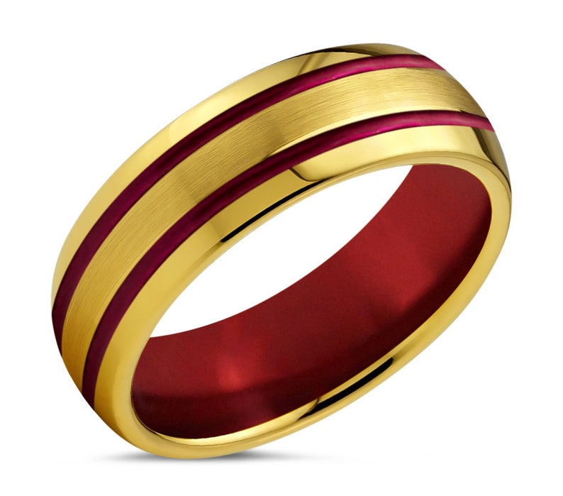 18k Yellow Gold Promise Ring Mens Wedding Band Gold Unisex Red Tungsten Ring Gift for Mothers Day Fathers Brothers Sisters Him /& Her