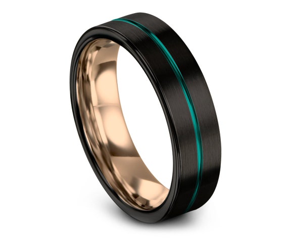 Anniversary Matching Band Rose Gold | Black Tungsten Wedding Band | Center Engraving Ring | Teal Tungsten Ring | Promise Ring | Ring for DAD