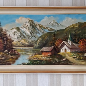 Große Öl auf Leinwand Gemälde mit Holzrahmen. Skandinavische Künstlerkunst 1960er Jahre. Landschafts Öl Kunst 35x19-in. Wanddekoration. Vintage Wohndekoration