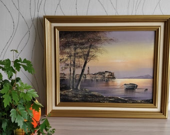 Vintage landscape paintings with gold wood frame. Oil Art 27x22-in. Wall Decor. Vintage Home Decor