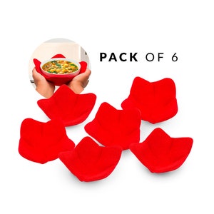 May include: A pack of six red bowl cozies. The cozies are shaped like a flower and are designed to hold a bowl of soup. The image also shows a person holding a bowl of soup with a cozy.
