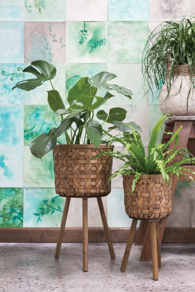 2 Sizes Woven Basket Plant Stand Basket Plant Stand Plant Etsy