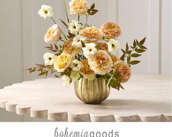 Gold Metal Bowl Vase, Scalloped Floral Centerpiece