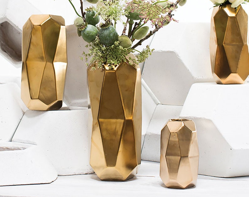 Gold vase geometric gold container modern gold decor gold Etsy