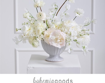 Fluted Compote Vase, Off White Ceramic, Floral Centerpiece