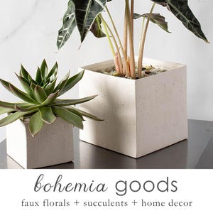 May include: Two white ceramic planters with a speckled finish. One planter holds a succulent plant and the other holds a leafy green plant. The planters are on a gray surface. Bohemia Goods faux florals + succulents + home decor.