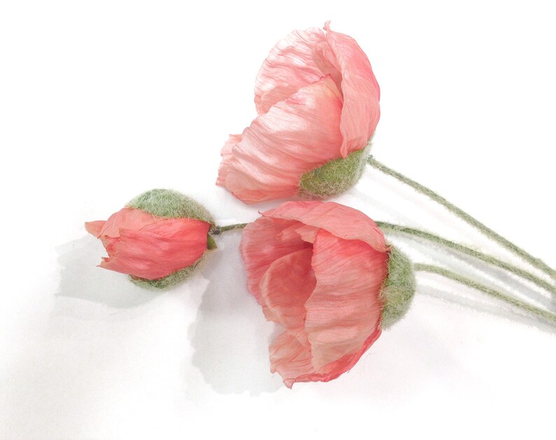 silk flowers poppy bouquet green poppy yellow poppy artificial flowers Shirley poppies pink poppy Large poppy flowers 3 colors
