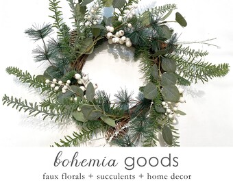 21" Christmas wreath, for door, rustic wreath, white berry, mistletoe, rustic xmas
