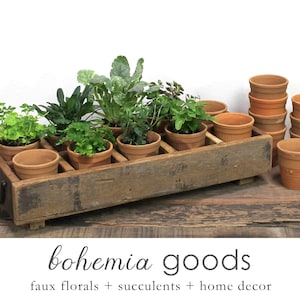 May include: A rustic wooden planter box with terracotta pots filled with various green plants. The planter box has a distressed wood finish and is sitting on a wooden surface. The text "bohemia goods" is printed below the planter box.