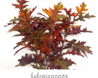 May include: A cluster of artificial oak leaves featuring a vibrant autumn color palette of deep burgundy, burnt orange, and olive green. The text "bohemia goods" and "modern rustic + wedding supplies + florals" is printed below the foliage.