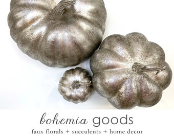 May include: Three silver pumpkins of varying sizes. The pumpkins are smooth and have a metallic finish.