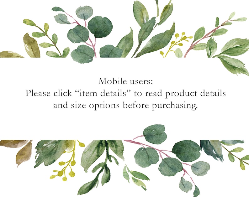 K&ouml;nnte beinhalten: Aquarell-Illustration mit gr&uuml;nen Eukalyptus- und anderen Bl&auml;tterzweigen, die oben und unten im Bild angeordnet sind. Der Text in der Mitte lautet: "Mobile Benutzer: Bitte klicken Sie auf 'Artikeldetails', um Produktdetails und Gr&ouml;&szlig;enoptionen vor dem Kauf zu lesen."