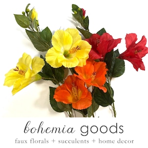 Faux hibiscus flower, tropical, 3 colors, hibiscus stem, hibiscus plant, tropical flower, Hawaiian flower
