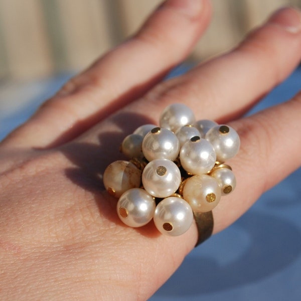 Faux pearl cluster ring, statement ring, bead cluster ring, wire wrapped cluster pearl ring, faux pearl cluster bead ring, boho chic ring
