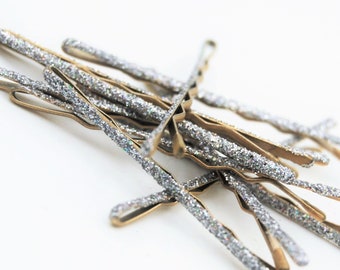 Holo silver glitter bobby pins, glam style holographic silver glitter bobby pins, silver bridal hair pins